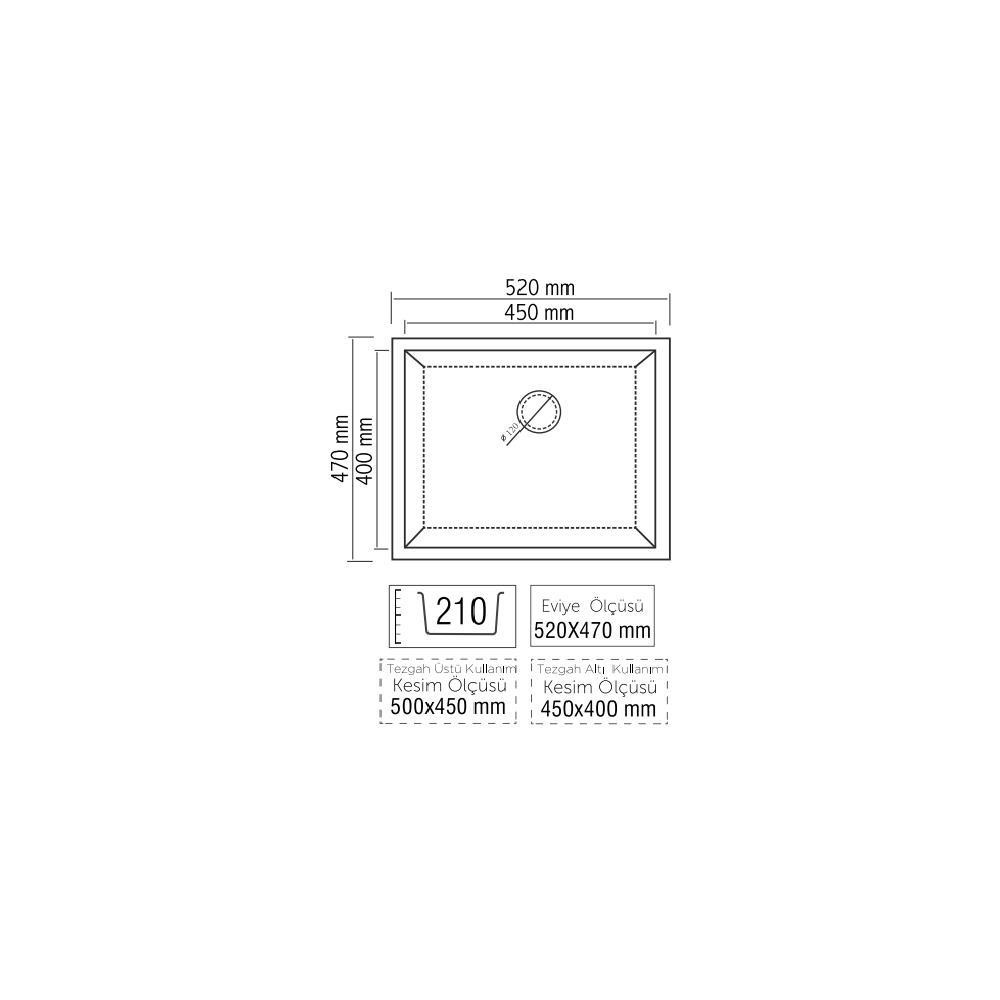 520x470 mm ölçülerinde ve kesim detaylı evye teknik çizimi.