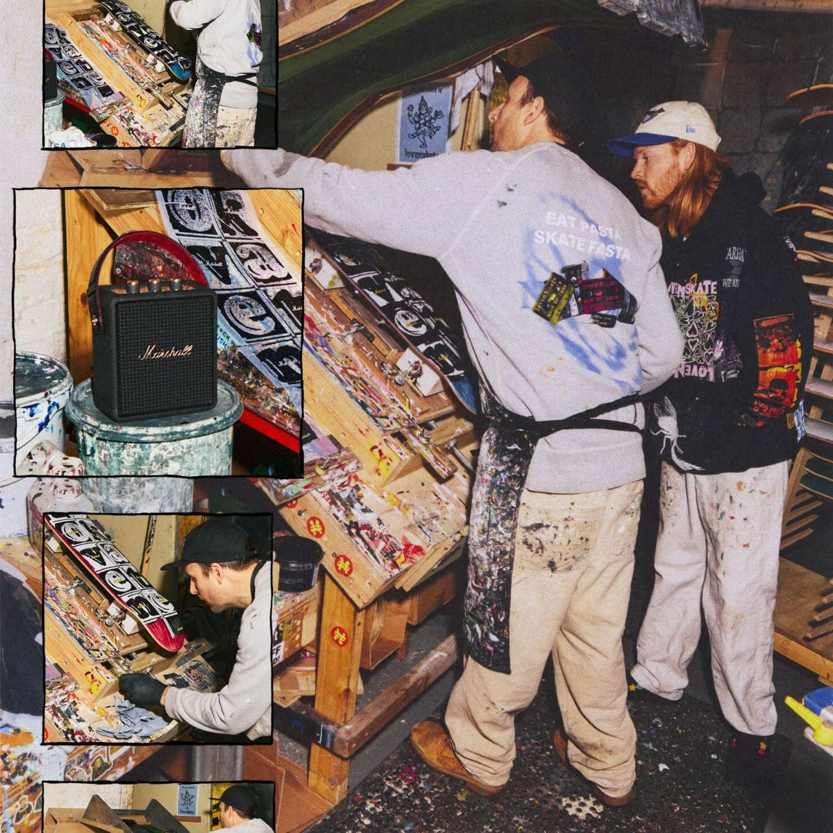 Zwei Personen arbeiten in einer Werkstatt an Skateboards, umgeben von Farbe und Werkzeugen.