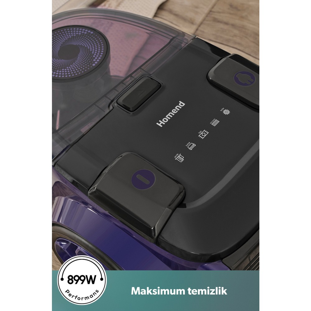 Üzerinde güç tuşları bulunan siyah ve mor renkli Homend elektrikli süpürgenin ve alt kısımda yazı.