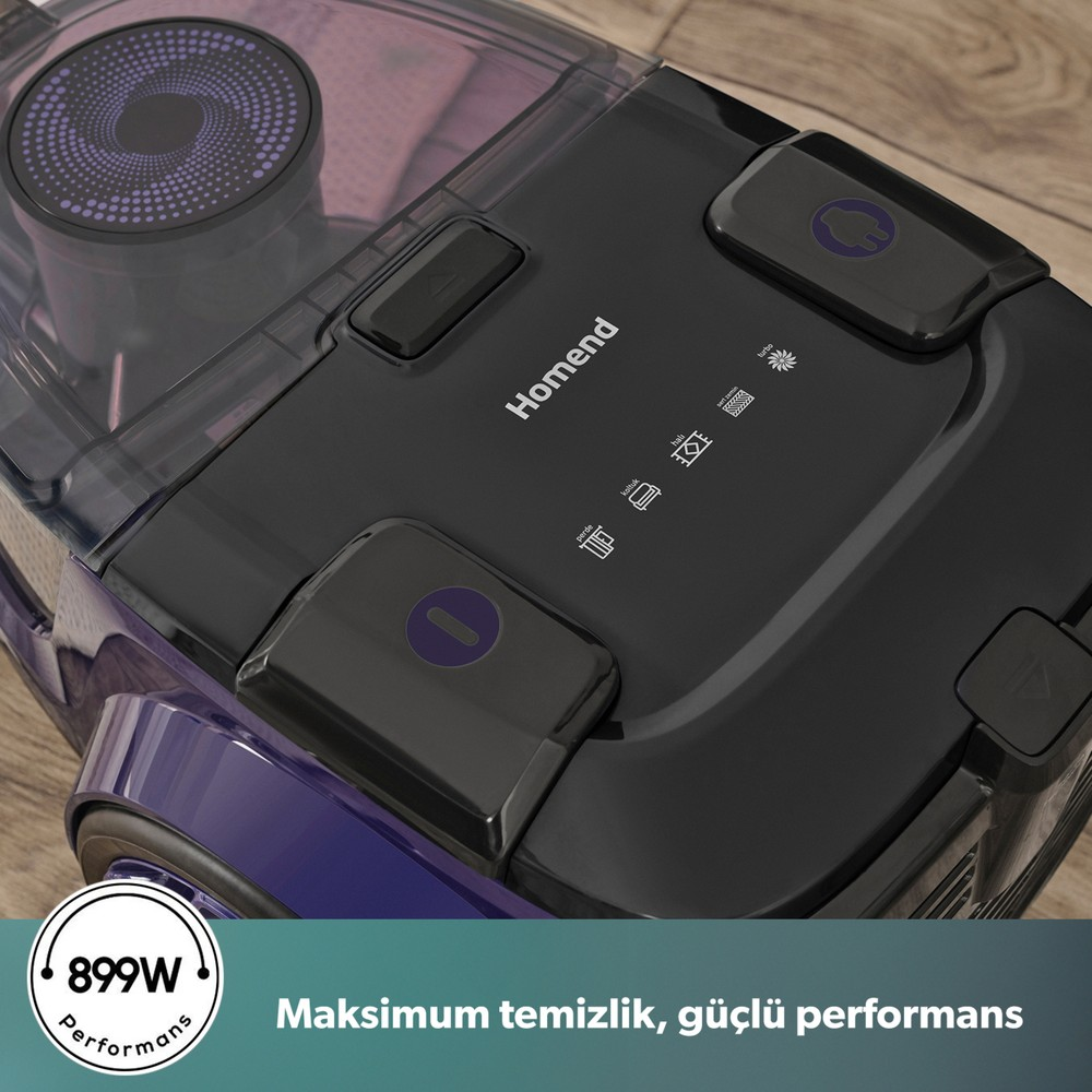 Mor detaylara sahip siyah Homend elektrikli süpürge ahşap zemin üzerinde duruyor.