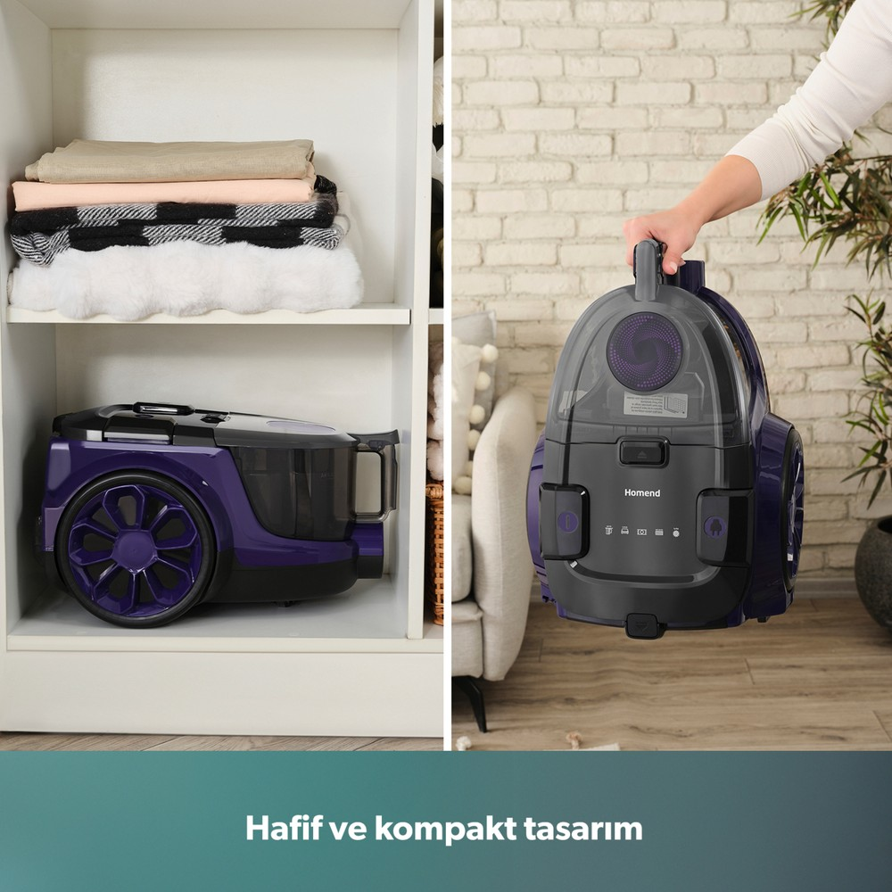Bir kişi içeride kompakt mor renkli Homend süpürgeyi tutuyor, diğeri ise rafta duruyor.