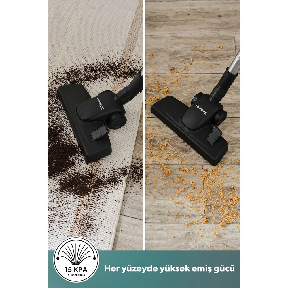 Homend süpürge başlığı halıdaki kahveyi ve ahşaptaki kırıntıları temizliyor.