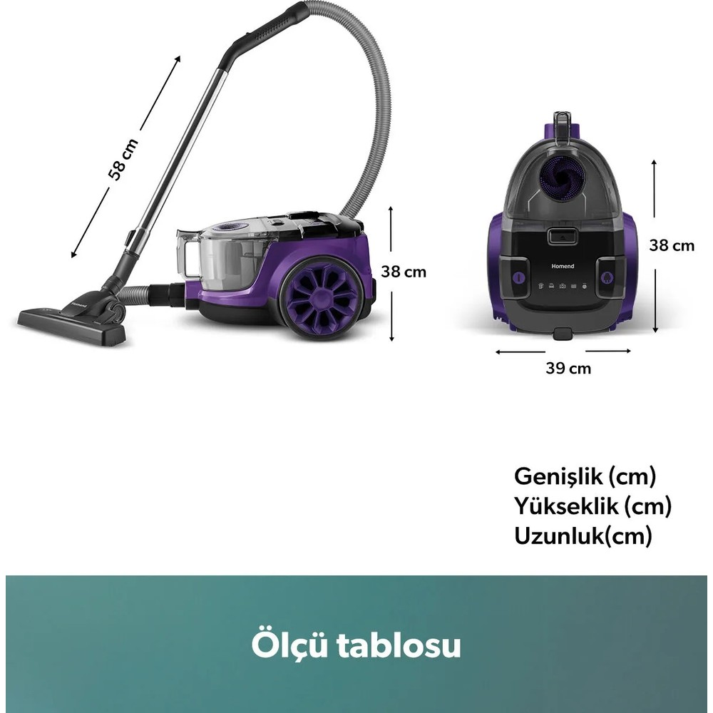 Yükseklik, genişlik ve uzunluk ölçüleri gösterilen mor ve siyah elektrikli süpürge.