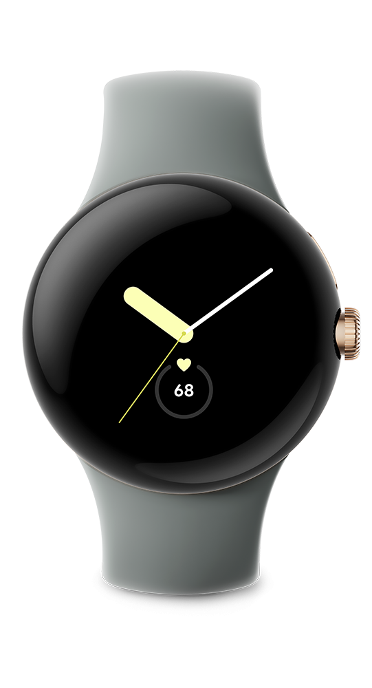 Szary smartwatch z czarnym ekranem wyświetla wskazówki i tętno 68 bpm.