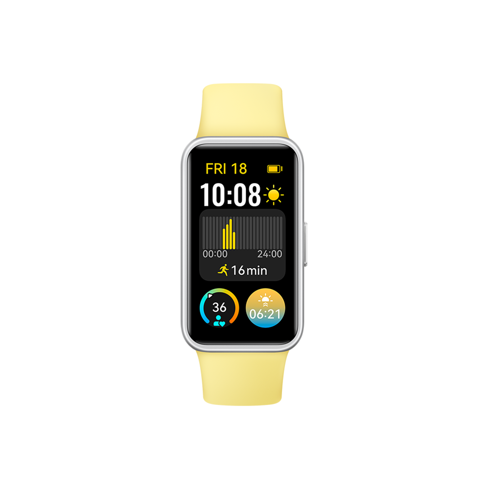 Un reloj deportivo amarillo muestra la hora, fecha, frecuencia cardíaca, actividad y clima sobre fondo negro.