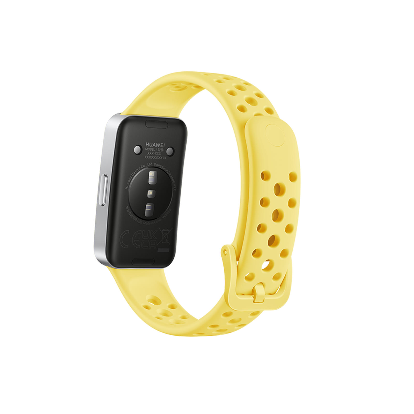 Parte trasera de un reloj inteligente Huawei con una correa de silicona amarilla perforada sobre fondo negro.