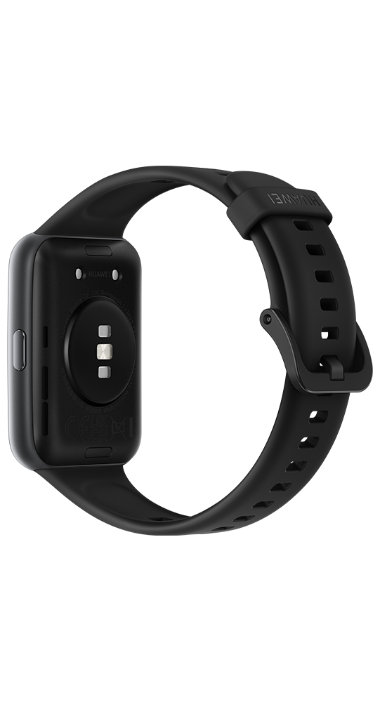 Uno smartwatch nero mostra i sensori posteriori e il cinturino su sfondo scuro.