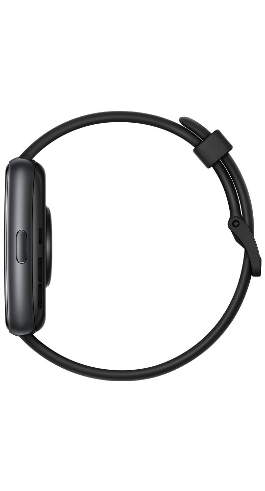 Vista laterale di uno smartwatch nero con cinturino in silicone su sfondo nero.