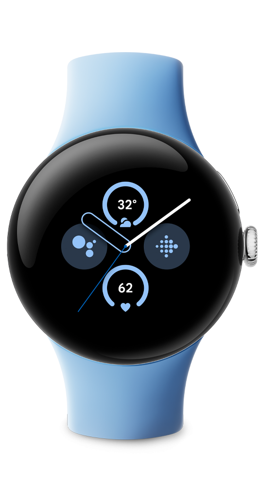 Eine blaue Smartwatch mit schwarzem runden Display, analogen Zeigern und digitalen Komplikationen auf schwarzem Grund.