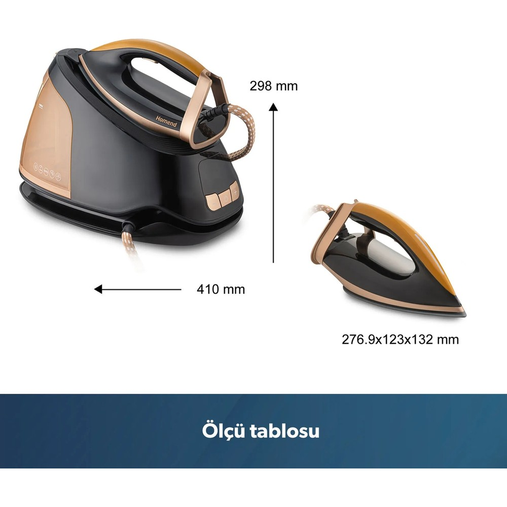 Ölçüleri gösterilen siyah ve bakır renkli buharlı ütü ve tabanı.