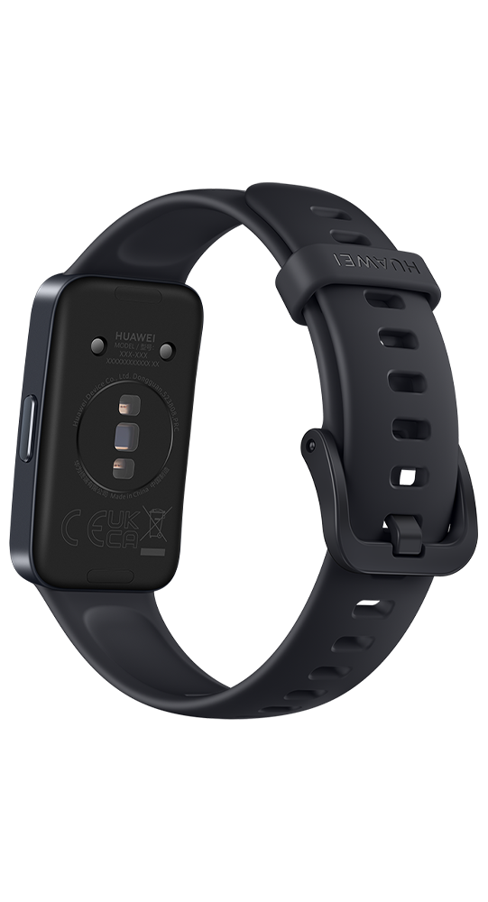 Vista trasera de un reloj inteligente Huawei negro con sensores y correa de caucho sobre fondo negro.
