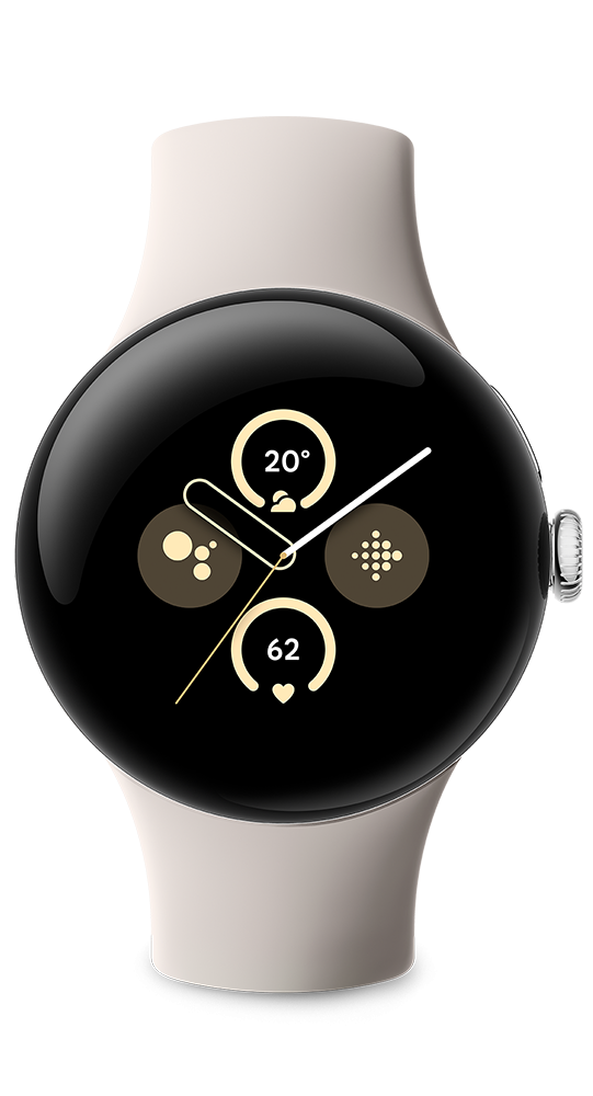 Eine weiße Smartwatch mit rundem Display zeigt analogen Zeiger und digitale Widgets auf schwarzem Hintergrund.