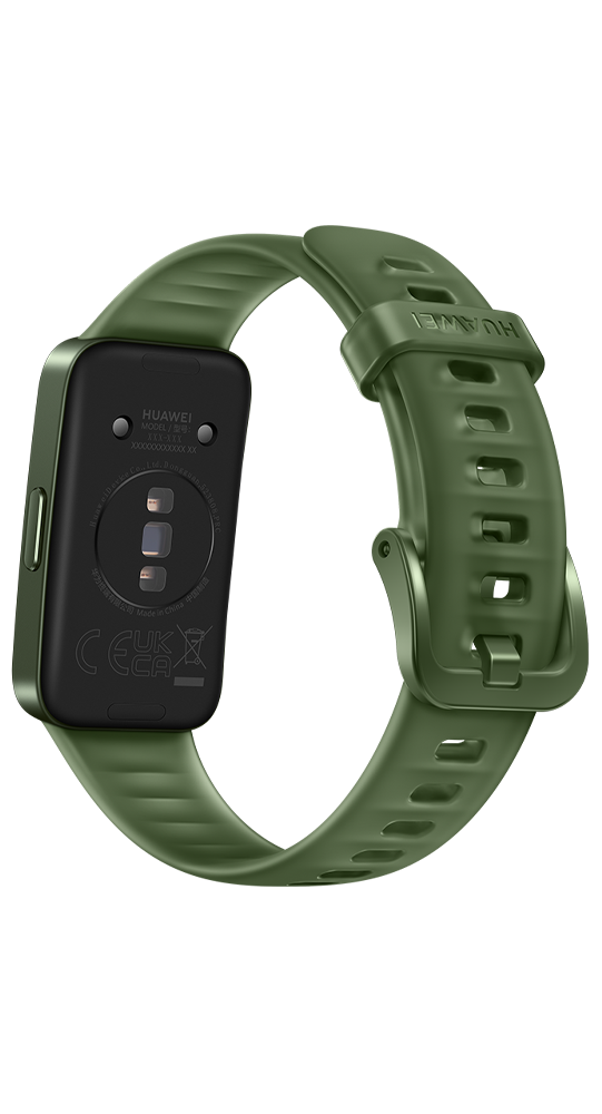 Rückseite einer grünen Smartwatch mit Sensoren und perforiertem Silikonarmband vor schwarzem Hintergrund.