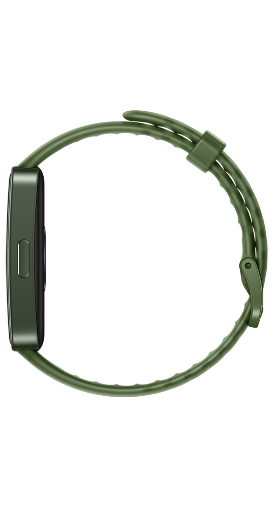 Eine grüne Smartwatch mit seitlichem Knopf und geriffeltem Armband vor schwarzem Hintergrund.