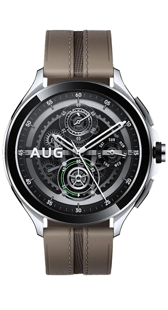 Reloj de pulsera con caja plateada, esfera negra esquelética, subesferas y correa de cuero marrón sobre fondo negro.