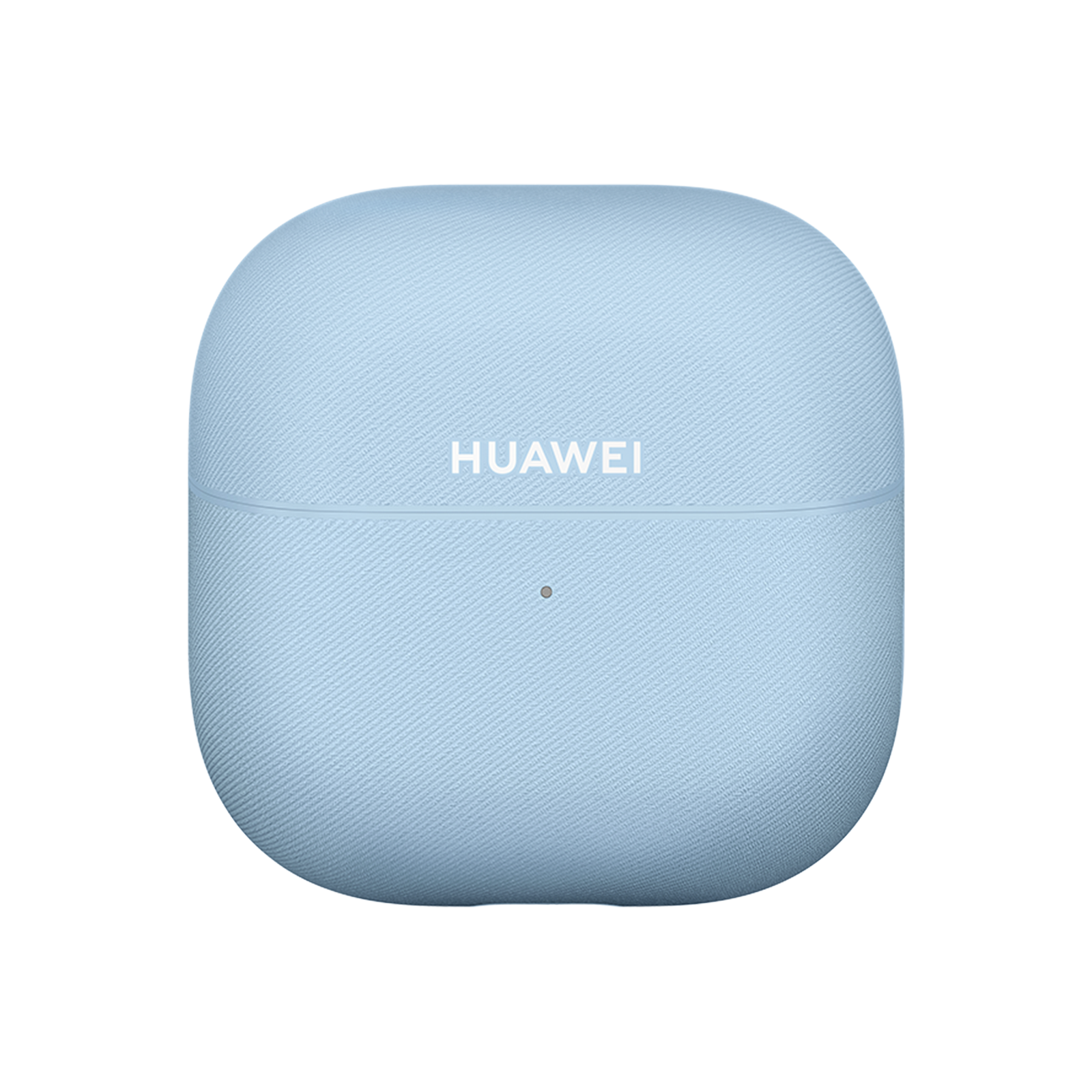 Ein hellblaues Huawei-Kopfhörer-Ladecase mit Stoffstruktur auf schwarzem Grund.