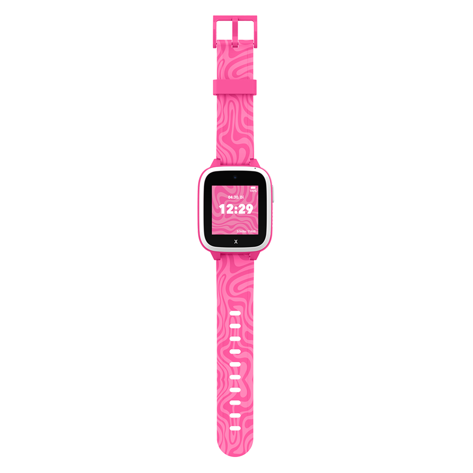 Eine rosa Smartwatch mit wellenförmigem Muster, weißem Gehäuse und digitalem Display auf schwarzem Hintergrund.