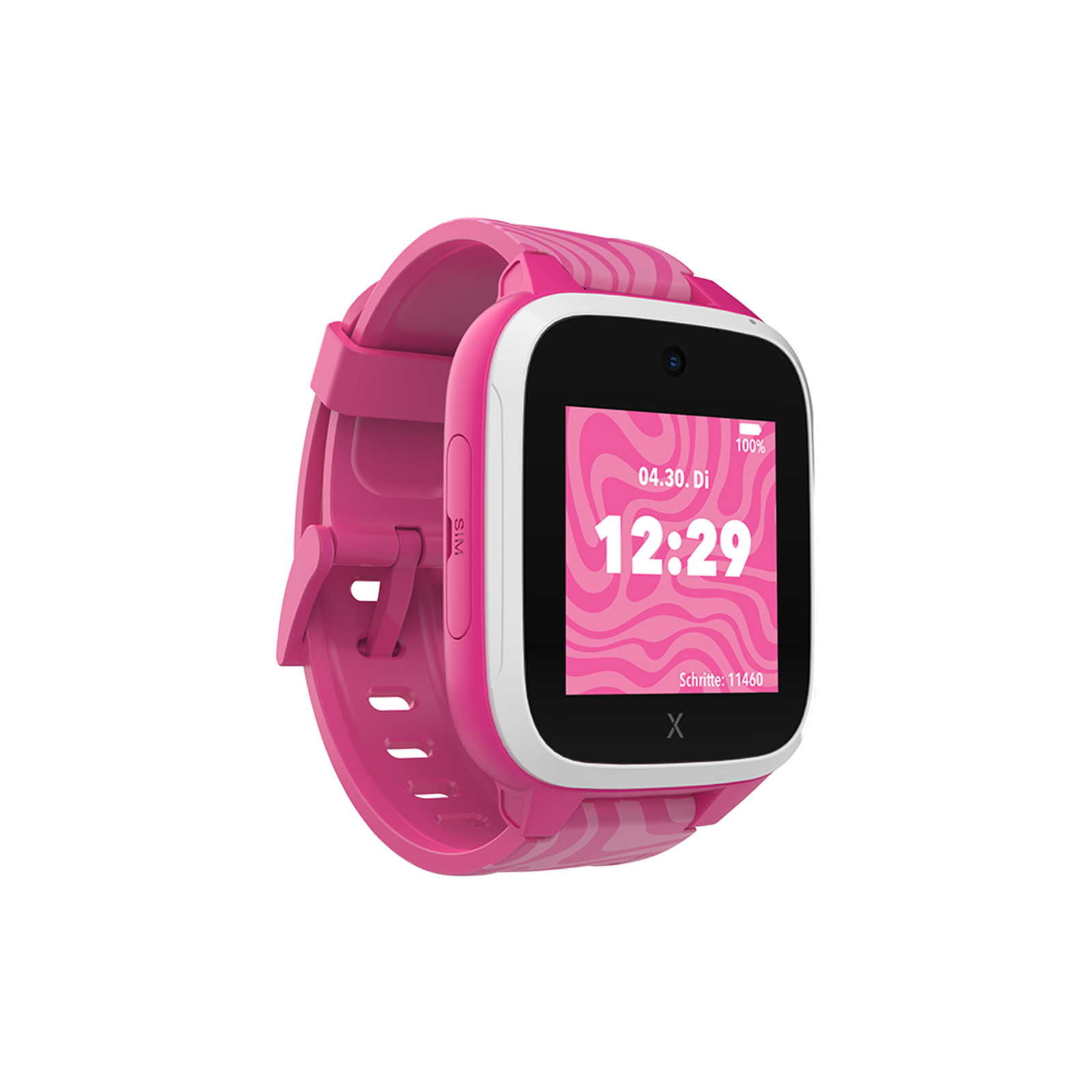 Eine rosa Kinder-Smartwatch mit weißem Rahmen und digitaler Zeitanzeige auf schwarzem Hintergrund.