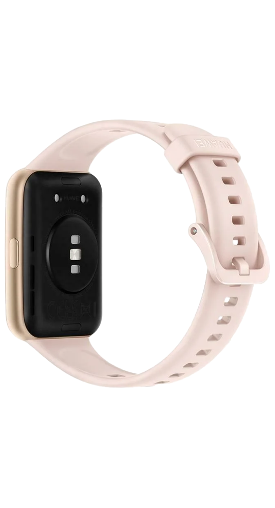 Parte trasera de un reloj inteligente Huawei rosa con sensores y correa de caucho sobre fondo negro.
