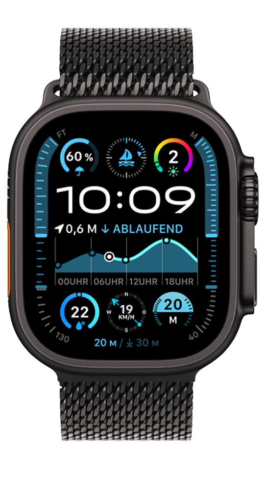 Eine schwarze Smartwatch mit Mesh-Armband und digitalem Zifferblatt zeigt Zeit, Wetter und Kompass.
