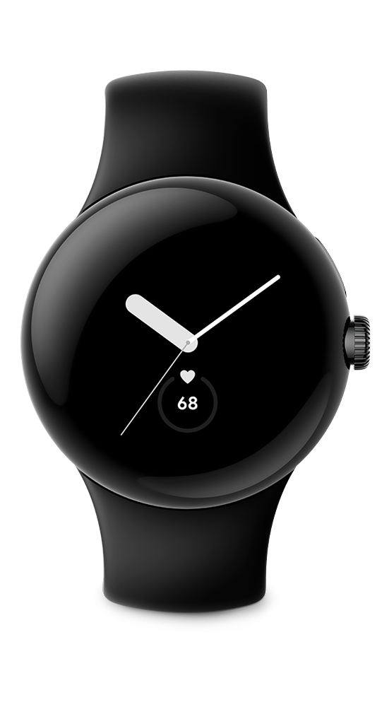 Czarny smartwatch z okrągłym wyświetlaczem, białymi wskazówkami i monitorem tętna.