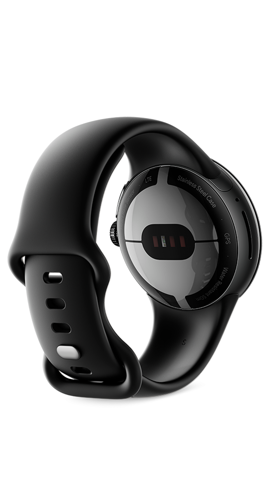 Czarny smartwatch z tylną obudową ze stali nierdzewnej i czarnym silikonowym paskiem na czarnym tle.