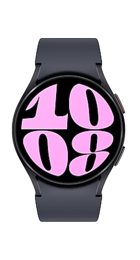 Eine schwarze Smartwatch mit pinkem Zifferblatt und schwarzem Armband vor dunklem Hintergrund.