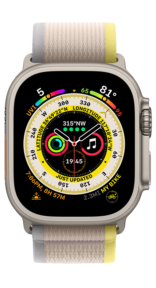 Smartwatch mit detailliertem Kompass-Zifferblatt, das Koordinaten, Uhrzeit und Datenkomplikationen anzeigt.