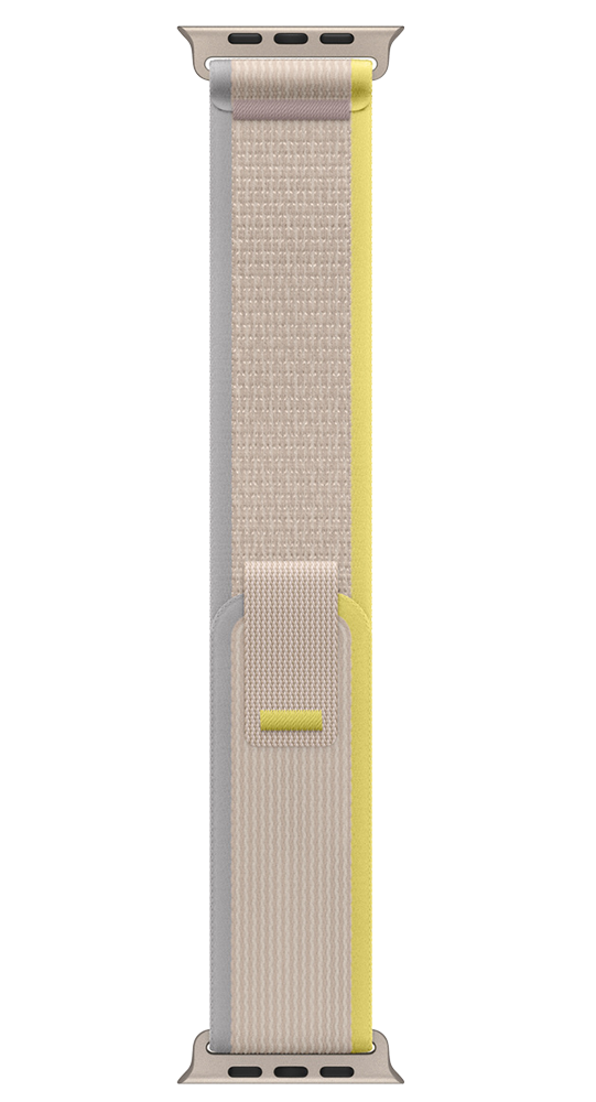 Ein Apple Watch Stoffarmband in Beistönen mit gelbem Streifen und silbernem Metall.