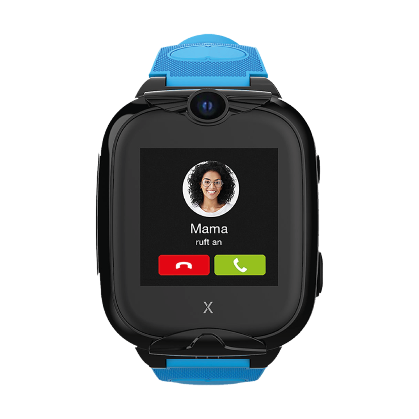 Un reloj inteligente negro para niños con correa azul muestra una llamada de mamá.