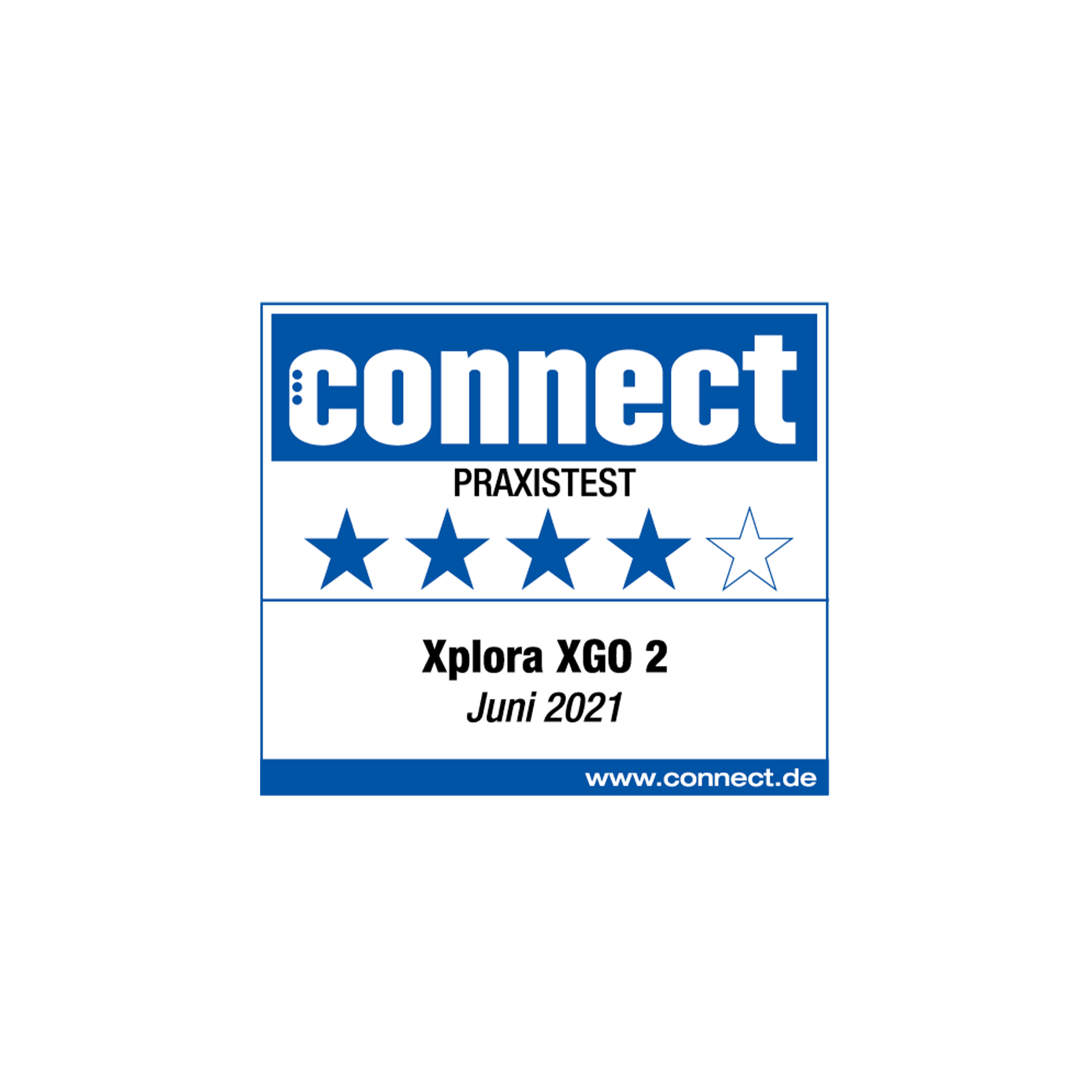 Insignia de prueba práctica Connect para Xplora XGO 2 con 4 de 5 estrellas azules, junio de 2021.