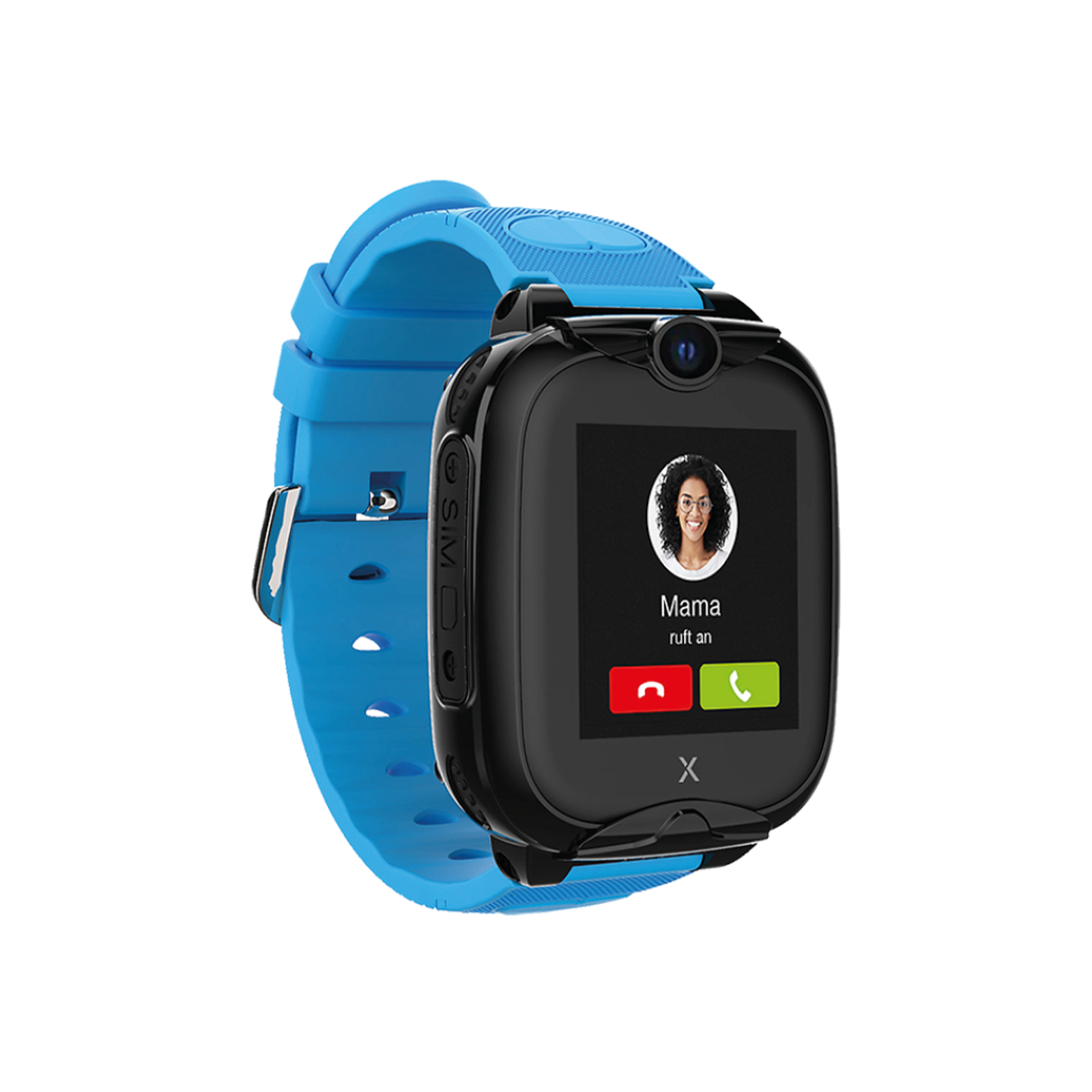 Reloj inteligente para niños azul con caja negra y pantalla de llamada sobre fondo negro.