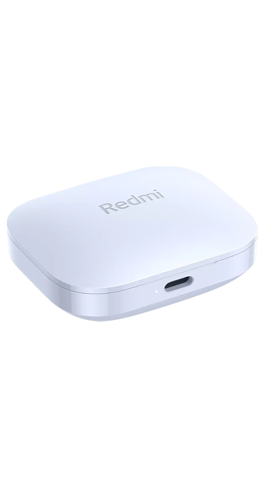 Estuche de carga blanco de auriculares Redmi sobre fondo negro, con puerto USB-C y luz indicadora.