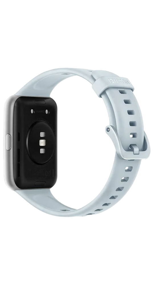 Vista posteriore di uno smartwatch azzurro con sensore di battito cardiaco su sfondo nero.