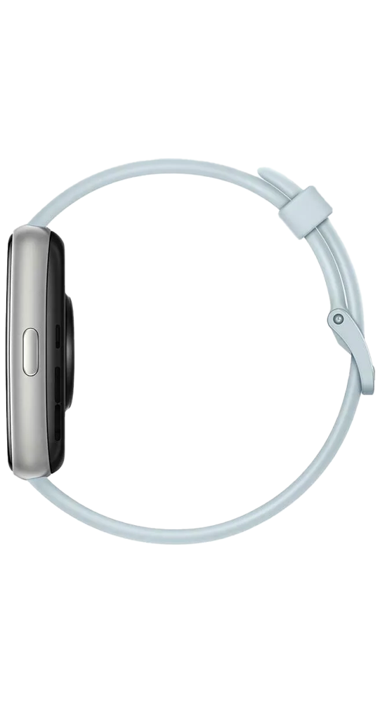 Vista laterale di uno smartwatch con cassa argentata e cinturino in silicone chiaro su sfondo nero.