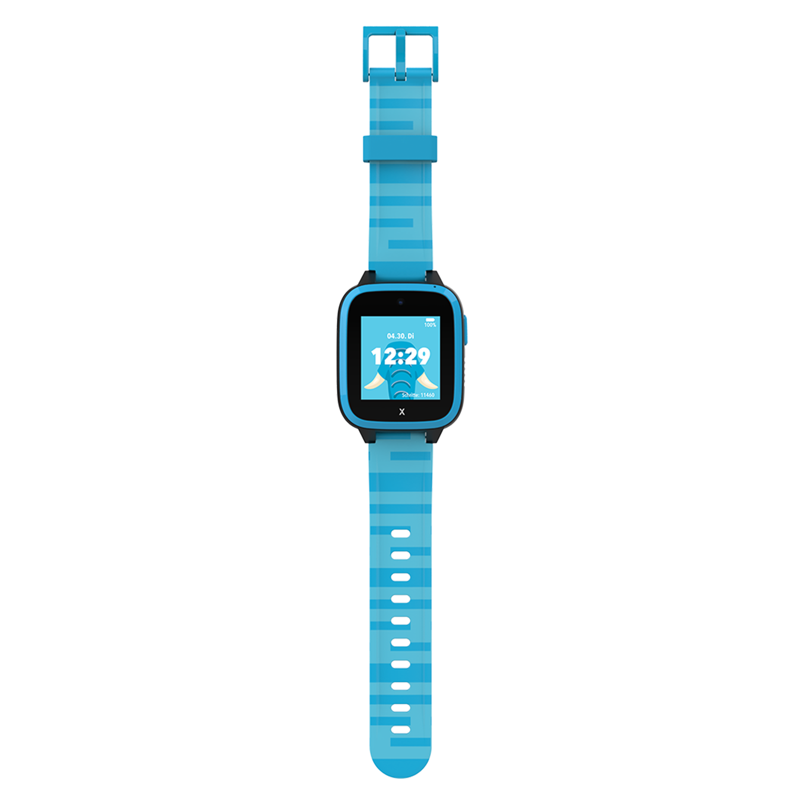 Eine hellblaue Kinder-Smartwatch mit gemustertem Armband und Digitalanzeige 12:29.