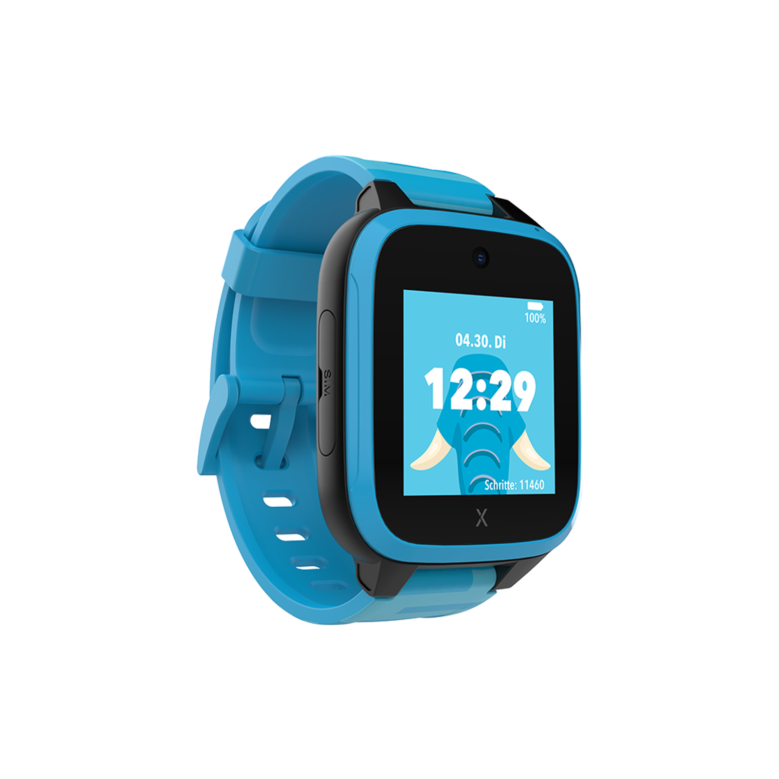 Eine blaue Kinder-Smartwatch mit einem digitalen Display, das ein Elefantenmotiv zeigt, vor schwarzem Hintergrund.
