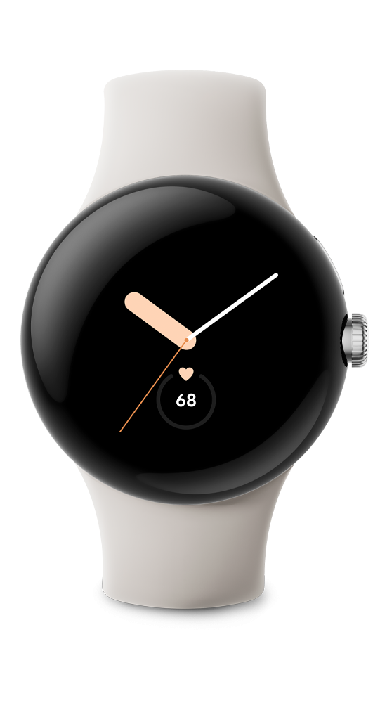 Biały smartwatch z okrągłym ekranem pokazuje tętno 68.
