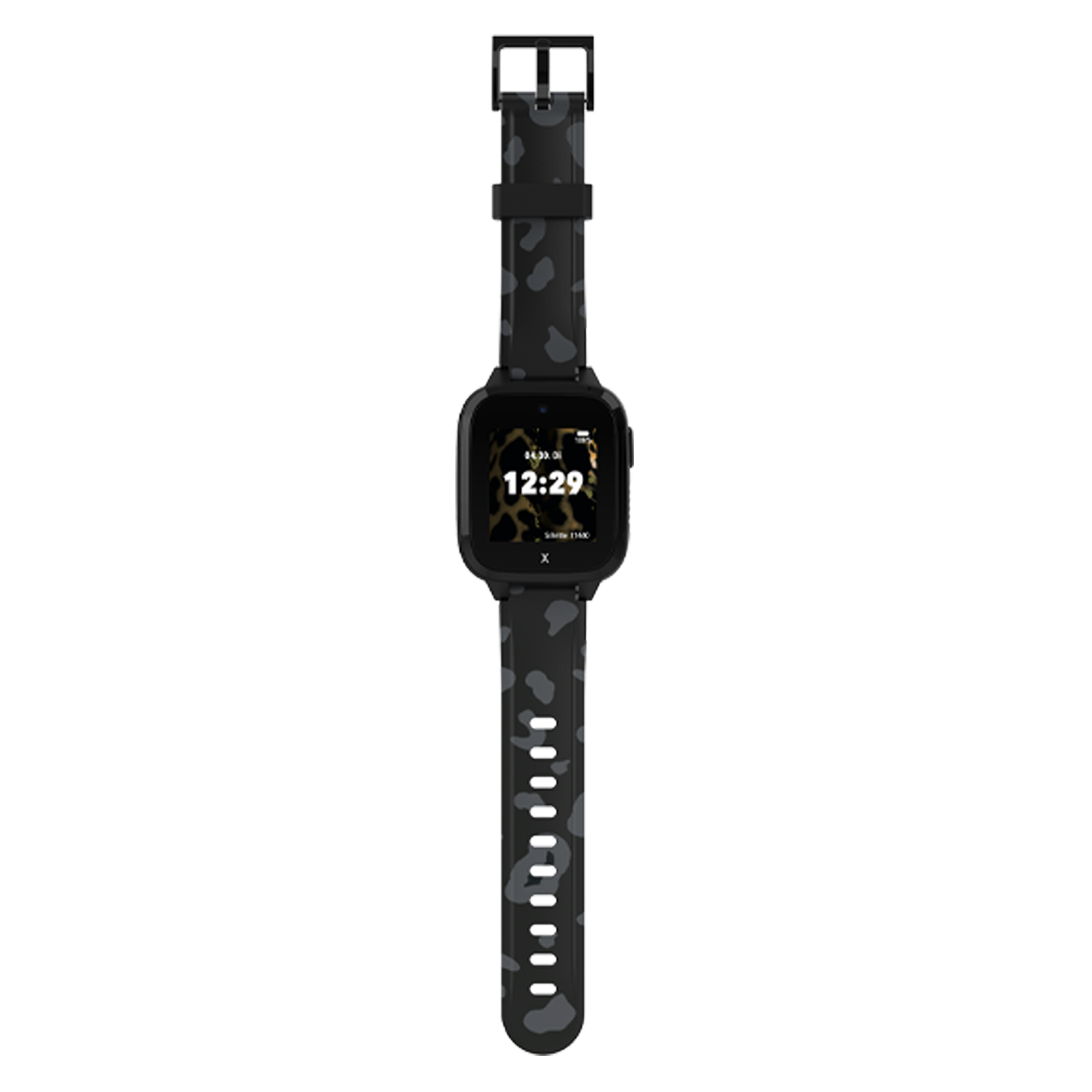 Schwarze Smartwatch mit grauem Fleckenmuster am Armband und digitaler Zeitanzeige auf dem Bildschirm.