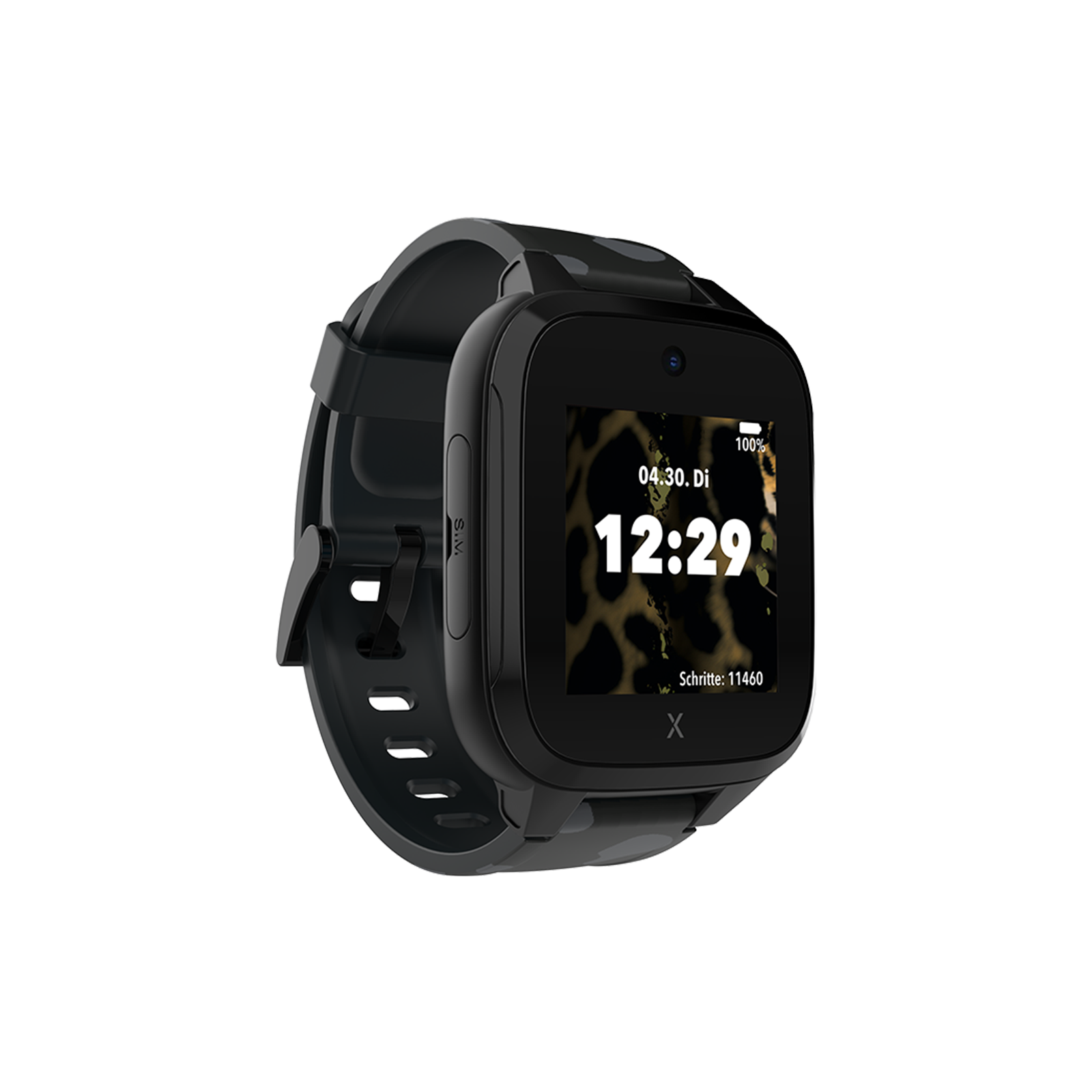 Schwarze Smartwatch mit digitalem Zifferblatt und Camouflage-Muster auf schwarzem Hintergrund.