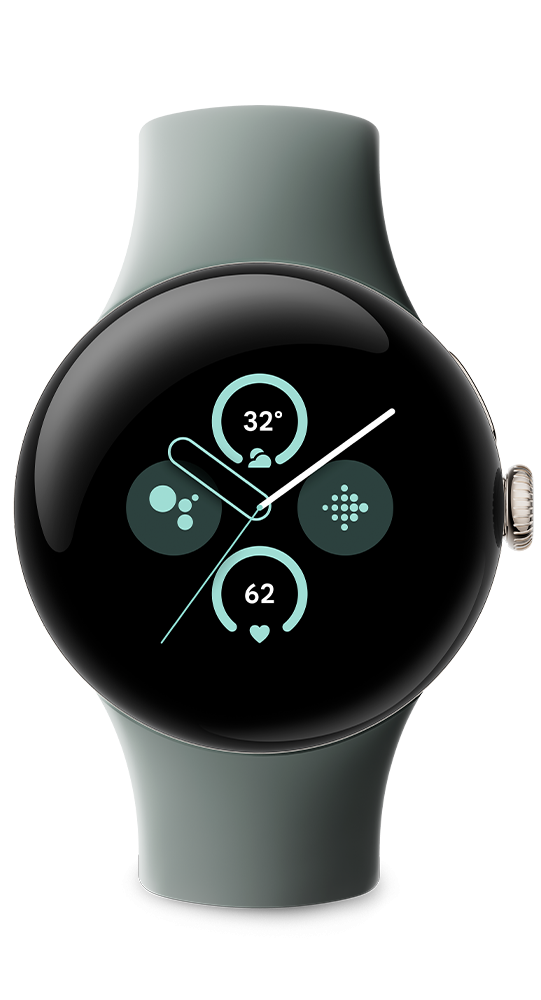 Une montre connectée ronde avec un bracelet gris clair affiche un cadran numérique sur fond noir avec des widgets.