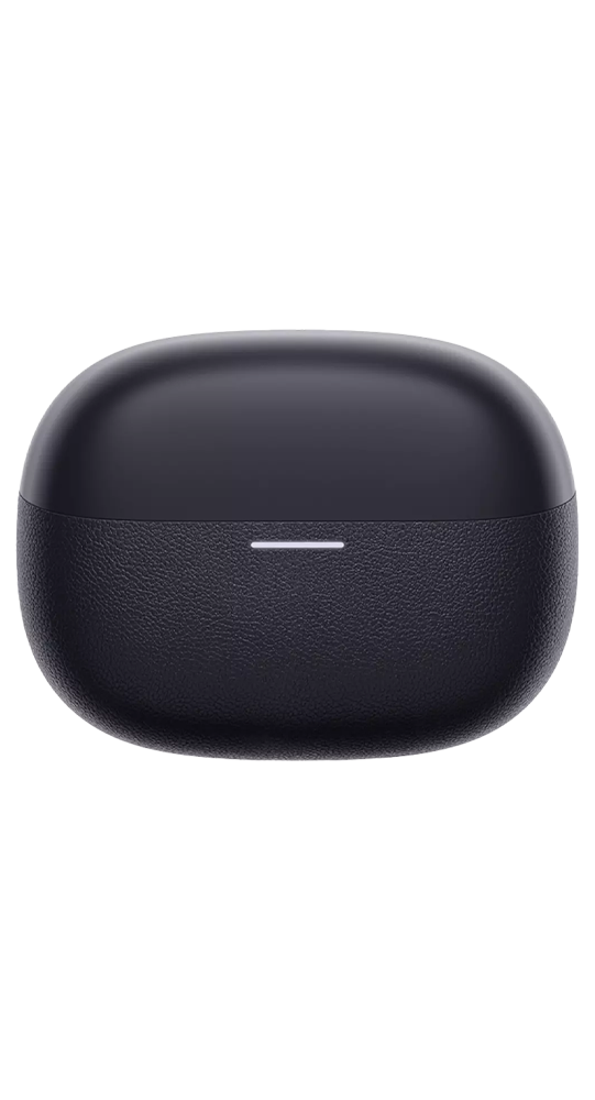 Estuche negro y ovalado para auriculares inalámbricos con una mitad inferior texturizada y luz blanca.