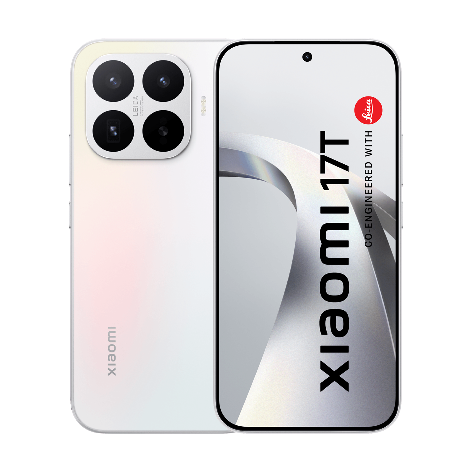 Smartphone Xiaomi 17T bianco mostrato fronte e retro, con fotocamera quadrupla e marchio Leica.