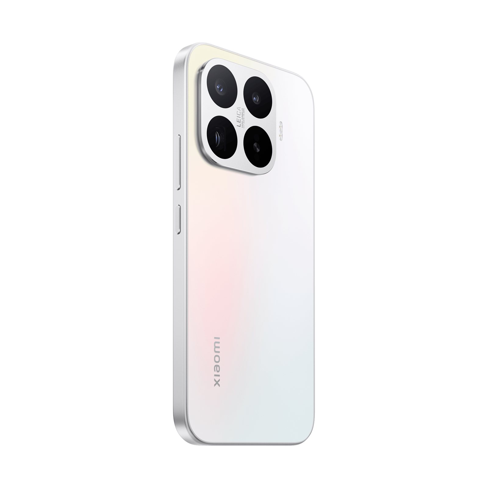 Uno smartphone bianco con un modulo a quattro fotocamere quadrato, etichetta Leica e marchio Xiaomi sul retro.