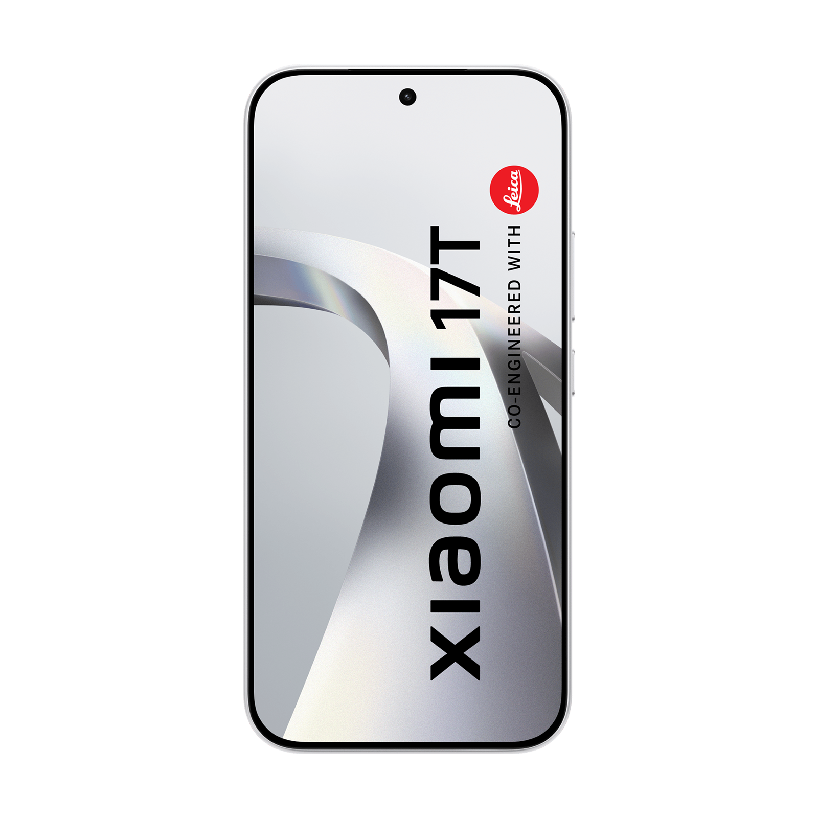 Uno smartphone bianco con marchio Xiaomi 17T e logo Leica su sfondo nero.