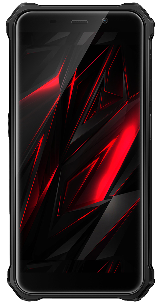 Wytrzymały czarny smartfon z czerwoną i czarną geometryczną tapetą na ekranie.