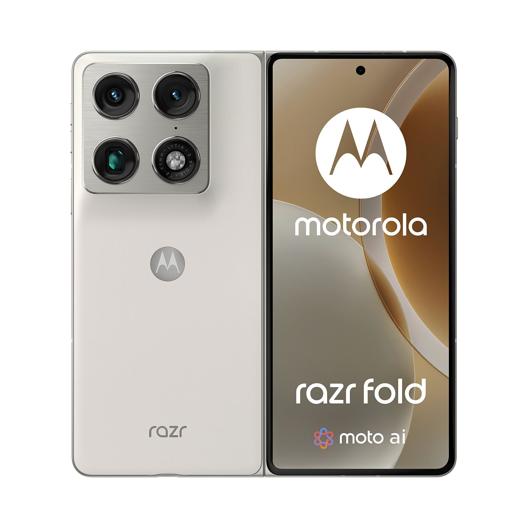 Smartphone plegable Motorola Razr plateado con cuatro cámaras en la parte trasera y el logotipo en la pantalla.