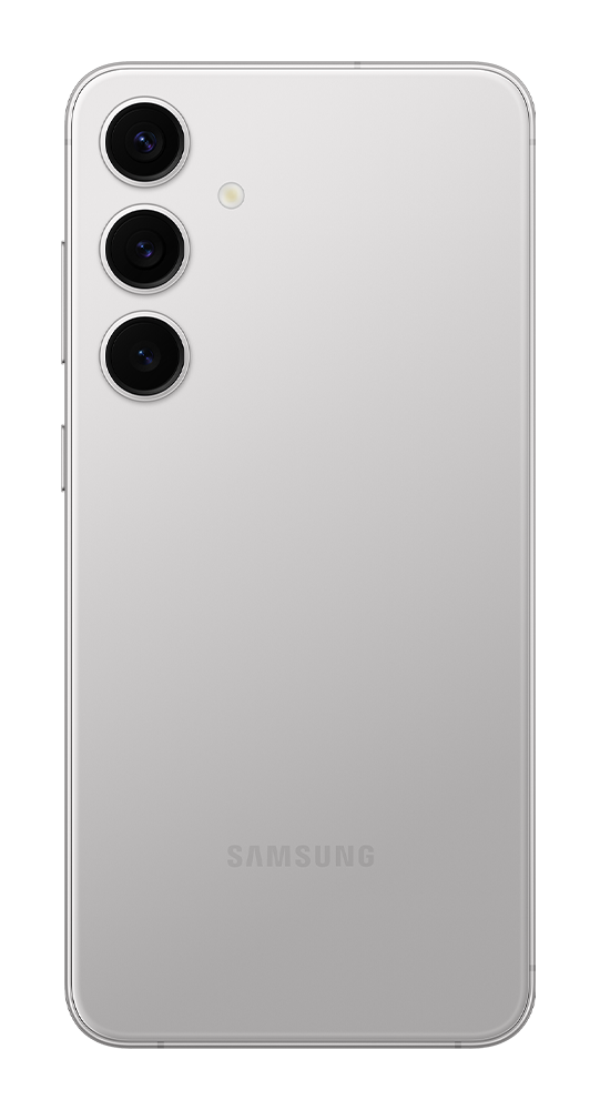 Tył srebrnego smartfona Samsung z trzema pionowo ułożonymi obiektywami aparatów.