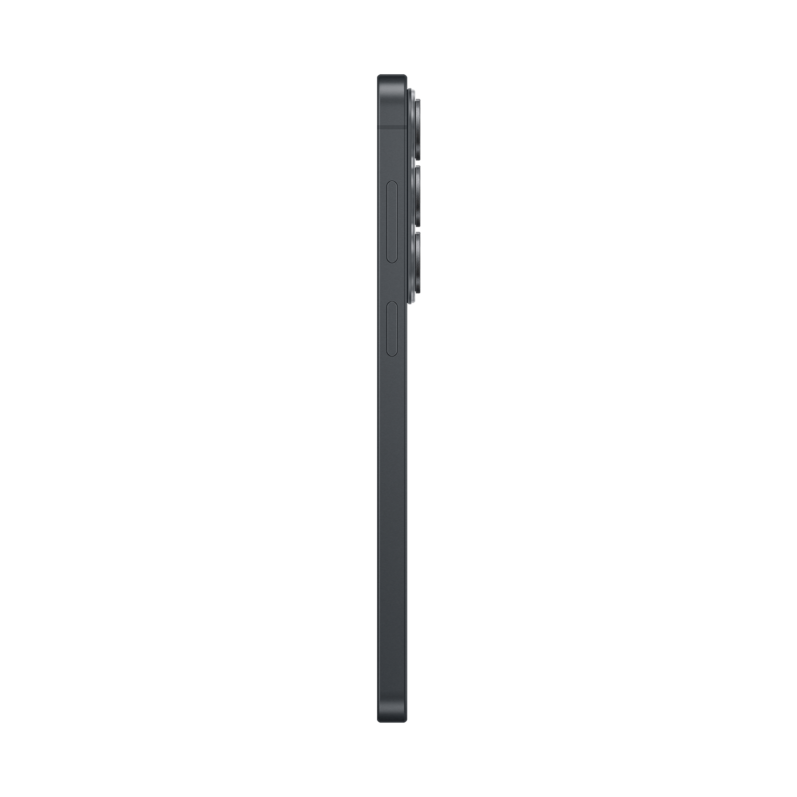 Seitenansicht eines schlanken, grauen Smartphones mit Lautstärketasten vor schwarzem Hintergrund.