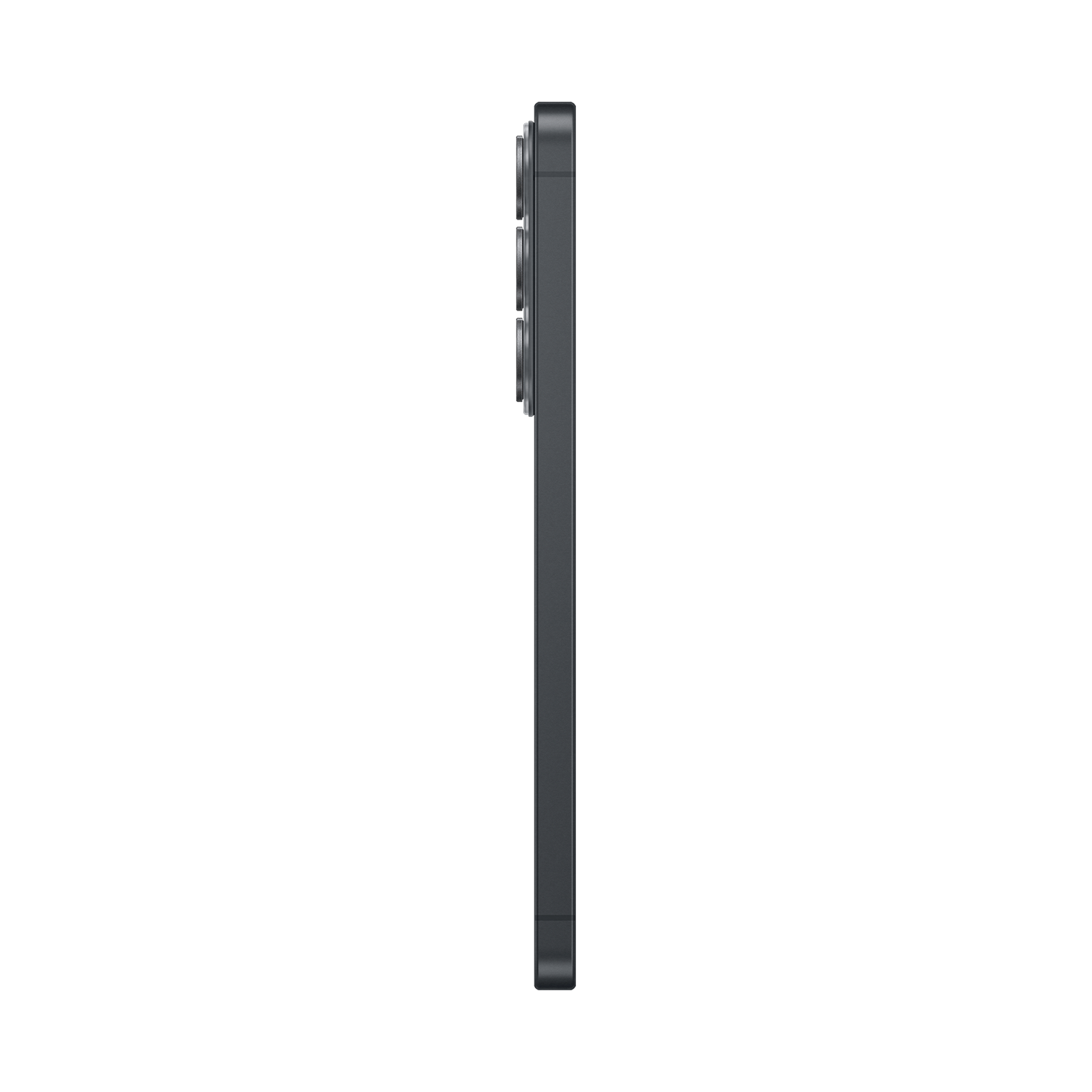 Seitenansicht eines dunklen Smartphones auf schwarzem Hintergrund mit drei sichtbaren Kameralinsen oben links.
